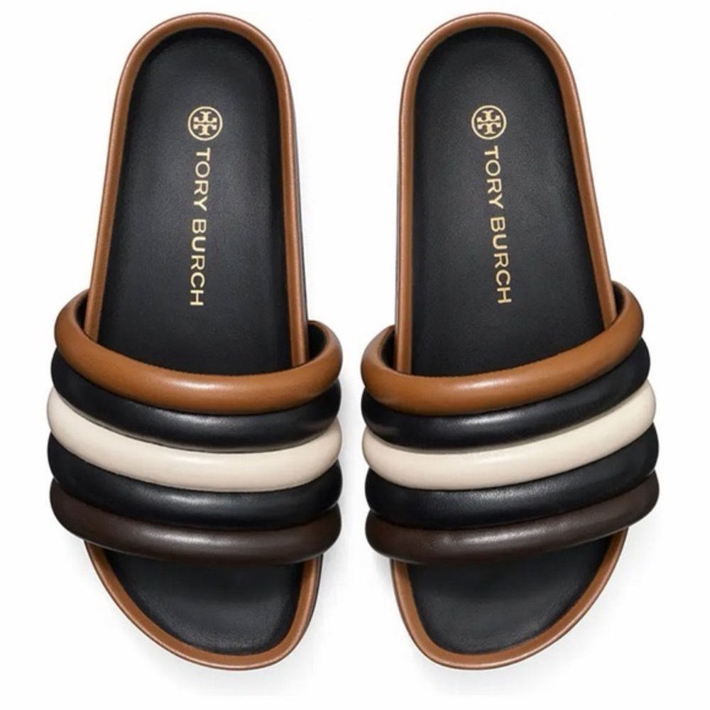 New Tory Burch Multicolor Padded Strap Slide Sandals - Black, Brown, Cream